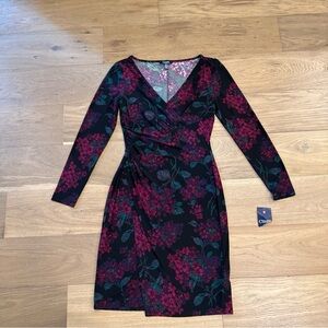 NWT Chaps Floral Faux Wrap Midi Dress Black Burgundy Long Sleeve Stretch Sz S